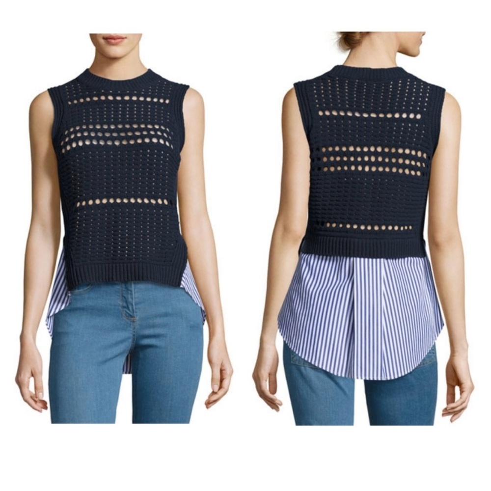 Veronica Beard Sleeveless Eyelet & Poplin Combo Sweater
